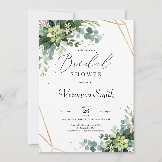 Trendy greenery succulent gold frame bridal shower invitation (Front)