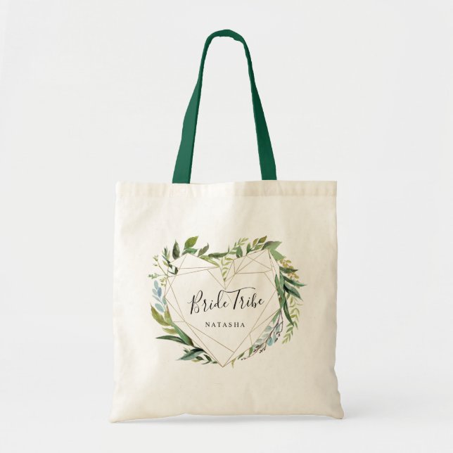 Trendy Greenery with Geometric Heart Bride Tribe Tote Bag (Front)