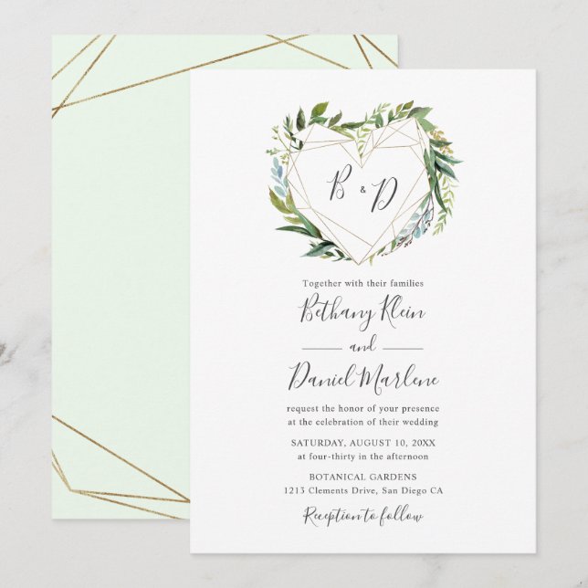 Trendy Greenery with Geometric Heart Wedding Invitation (Front/Back)