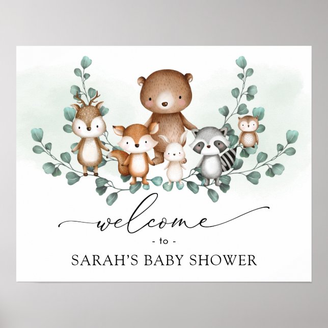 Trendy Greenery Woodland Baby Animals Welcome Poster (Front)