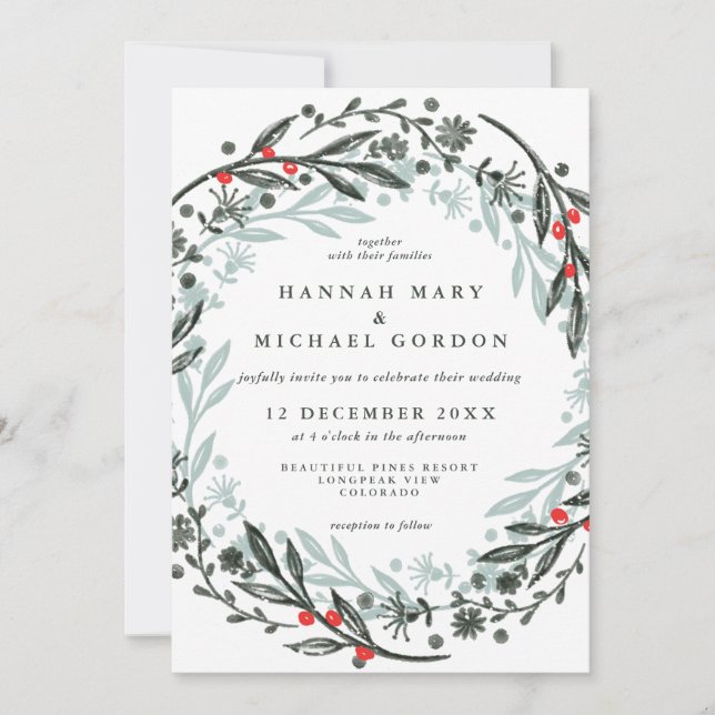 Trendy greenery wreath holiday invitation (Front)