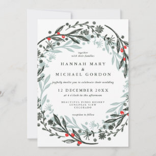 Trendy greenery wreath holiday invitation