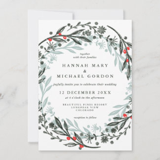 Trendy greenery wreath holiday invitation