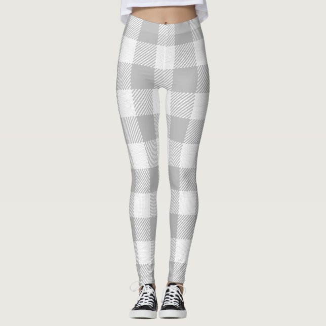 Trendy Grey and White Buffalo Check/Plaid Leggings (Front)