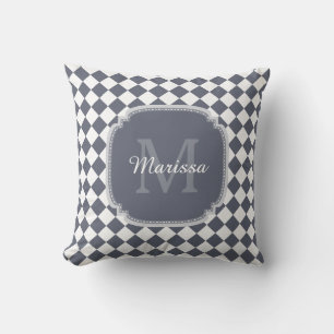 Trendy Grey and White Checked Monogrammed Name Cushion