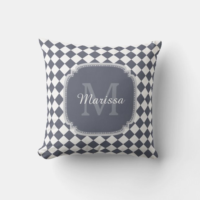 Trendy Grey and White Checked Monogrammed Name Cushion (Front)