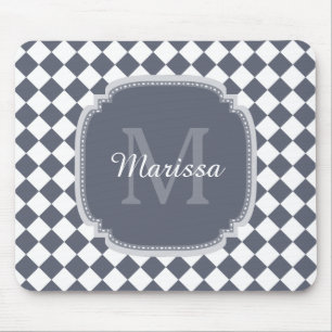 Trendy Grey and White Checked Monogrammed Name Mouse Mat
