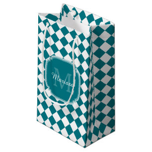 Trendy Grey and White Checked Monogrammed Name Small Gift Bag