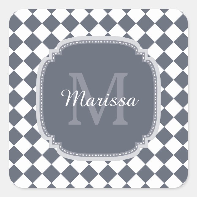 Trendy Grey and White Checked Monogrammed Name Square Sticker (Front)