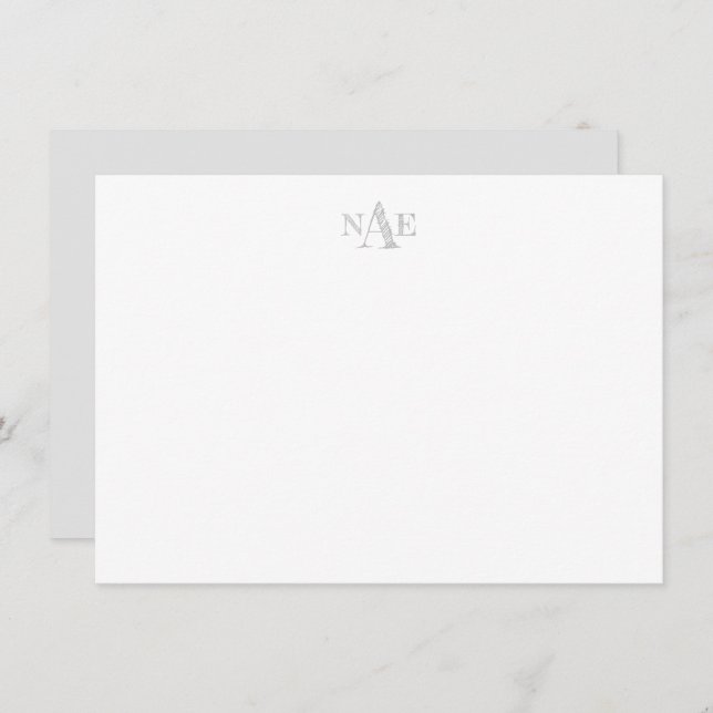 Trendy Grey and White Monogrammed Flat Note Card (Front/Back)