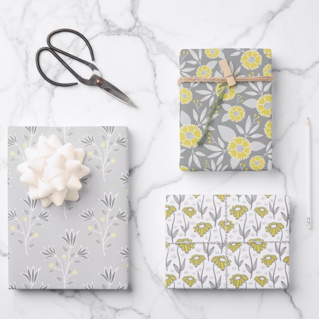 Trendy Grey and Yellow Florals Wrapping Paper Sheet (Front)