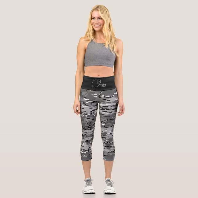Trendy Grey Black Camouflage Personalised Capri Leggings (Front)