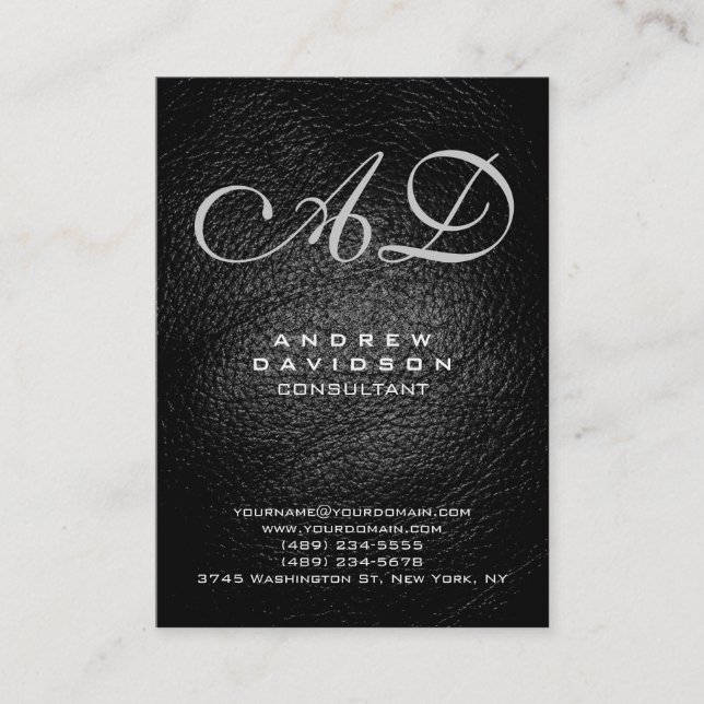 Trendy Grey Black Leather Monogram Business Card (Front)