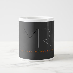 Trendy Grey Black Monogram Plain  Large Coffee Mug