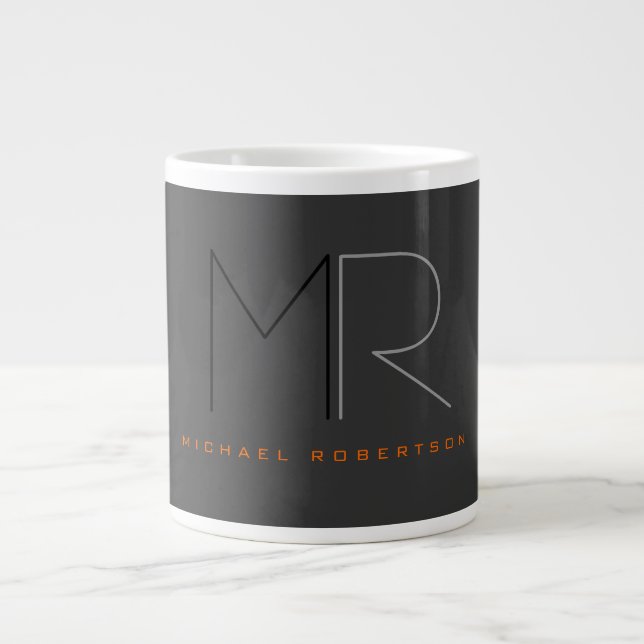 Trendy Grey Black Monogram Plain  Large Coffee Mug (Front)