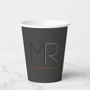 Trendy Grey Black Monogram Plain Paper Cups