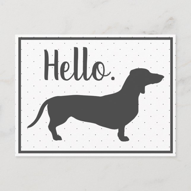 Trendy Grey Dachshund & Black Dots Hello Postcard (Front)