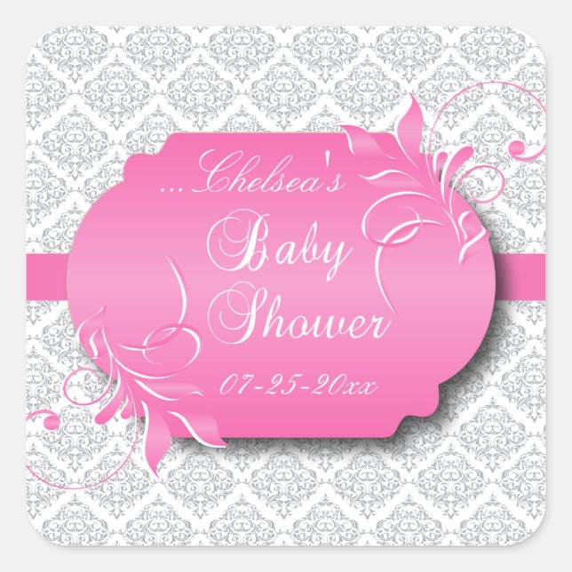 Trendy Grey Damask and Pink for a Baby Shower Square Sticker (Front)