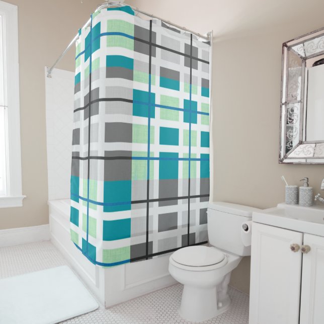Trendy grey mint teal geometric Shower Curtain (In Situ)
