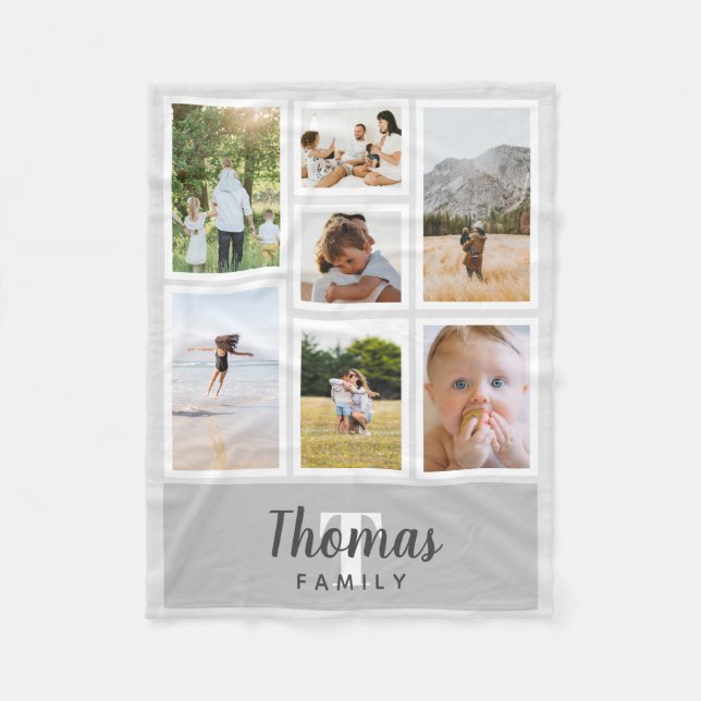 Trendy Grey Monochrome Family Photo Collage Fleece Blanket (Front)