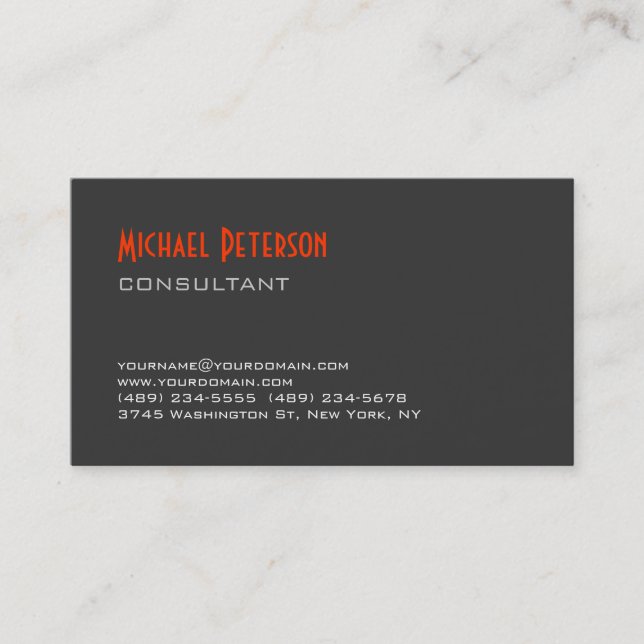 Trendy Grey Orange Consultant Business Card (Front)
