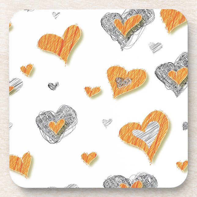 Trendy grey orange heart scribble pattern gifts coaster (Front)