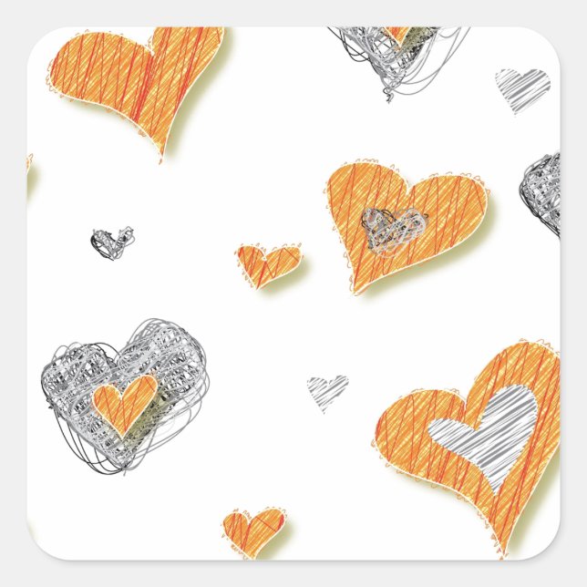 Trendy grey orange heart scribble pattern gifts square sticker (Front)