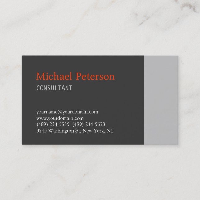 Trendy Grey Orange Modern Consultant Business Card (Front)