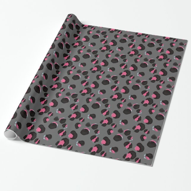 Trendy Grey pink leopard print animal jungle  Wrapping Paper (Unrolled)