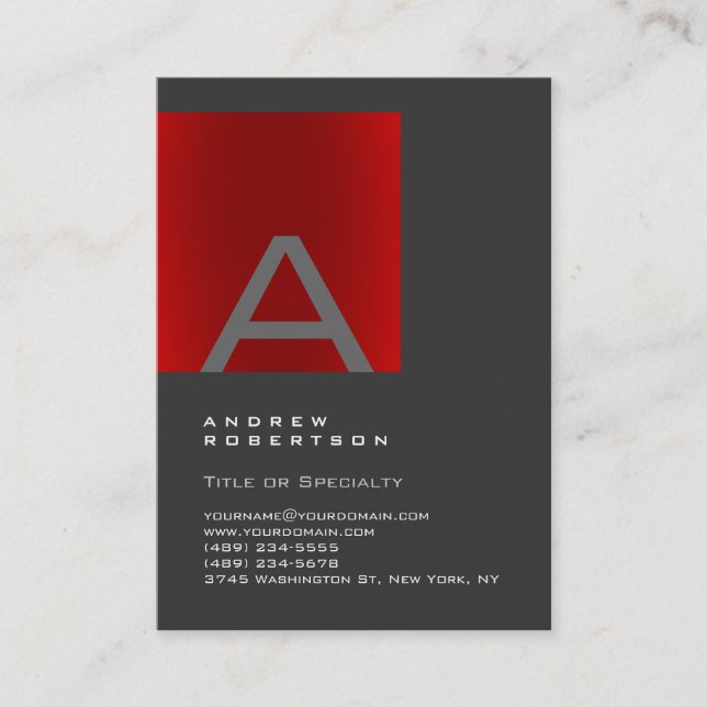 Trendy Grey Red Monogram Stylish Business Card (Front)
