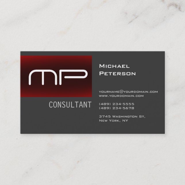 Trendy Grey Red Stripe Monogram Business Card (Front)