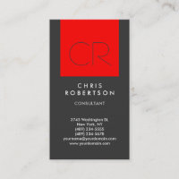 Trendy Grey Red Stripe Monogram Business Card