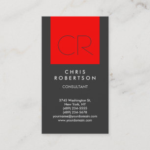 Trendy Grey Red Stripe Monogram Business Card