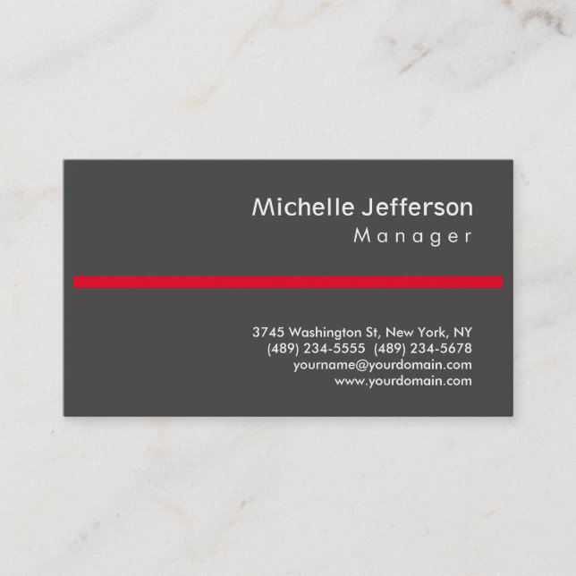 Trendy Grey Red Stylish Manager Business Card (Front)