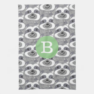 Trendy Grey Sloth Doodles   Monogram Tea Towel