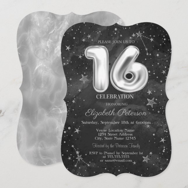 Trendy Grey Stars Sweet 16  Invitation (Front/Back)