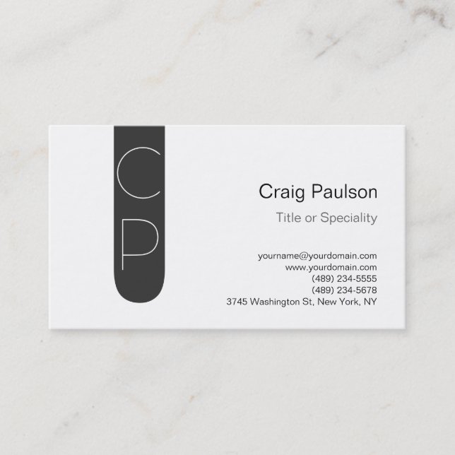 Trendy Grey Stripe White Monogram Business Card (Front)
