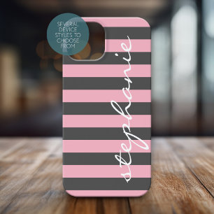 Trendy Grey Striped Pattern with Custom name iPhone 15 Case