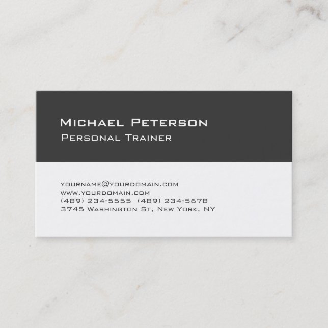 Trendy Grey White Personal Trainer Business Card (Front)