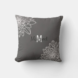Trendy Grey With White Flowers & Name Pillow