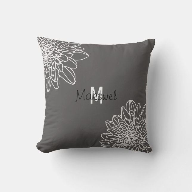Trendy Grey With White Flowers & Name Pillow (Front)