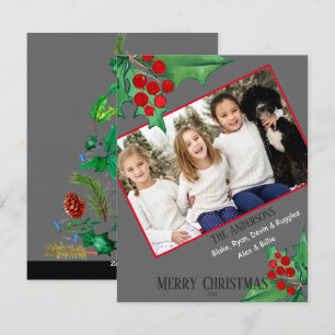 Trendy Grey Xmas Holly Photo Flat Holiday Card