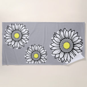 Trendy Grey Yellow Daisy Floral Beach Towel