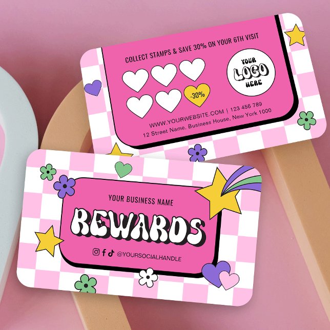 Trendy Groovy Logo Retro Pink Lashes Nails Salon Loyalty Card (Cute girly business rewards cards in a retro pink style with groovy fonts & custom discount offer)