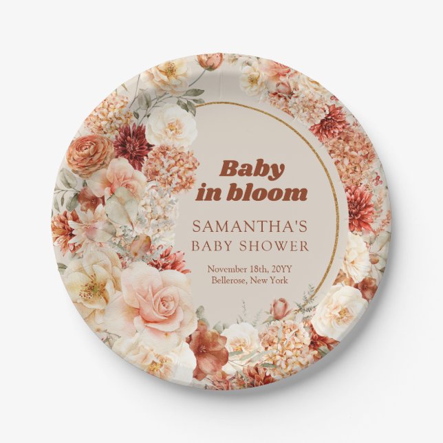 Trendy groovy terracotta blush autumn Baby Shower Paper Plate (Front)