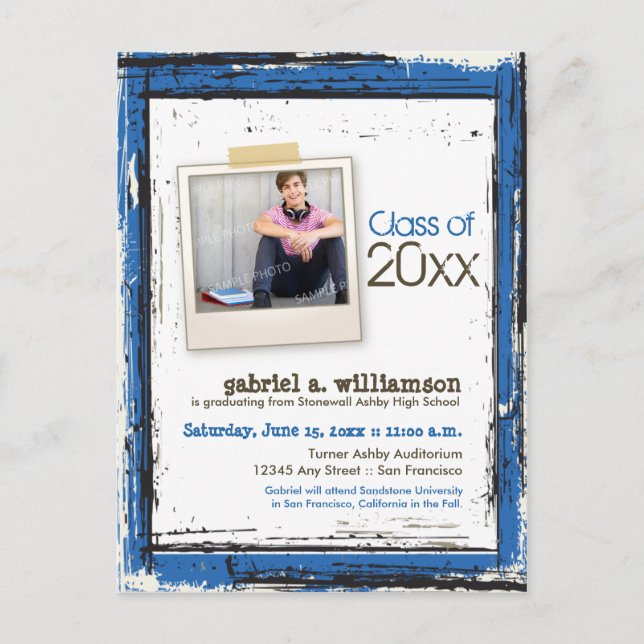 Trendy Grunge Graduation Announcement (blue) (Front)