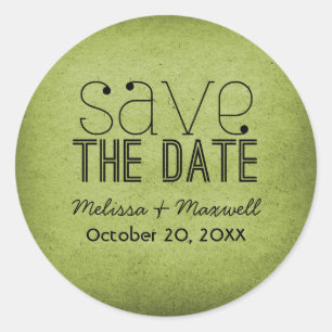 Trendy Grunge Save the Date Stickers, Green Classic Round Sticker