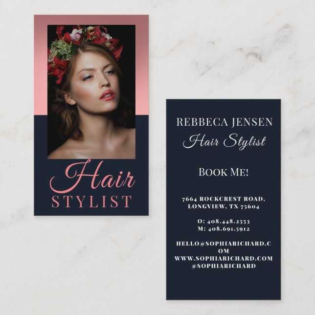 Trendy hair stylist Pink script hairdresser photo Business Card (Front/Back)