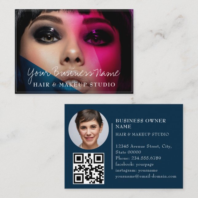 Trendy hair stylist white script hairdresser photo business card (Front/Back)