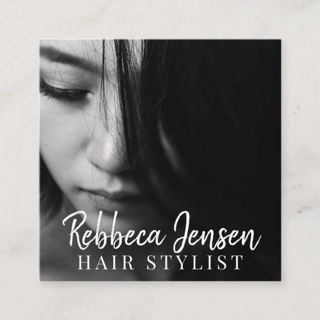 Trendy hair stylist white script hairdresser photo square business card (Front)